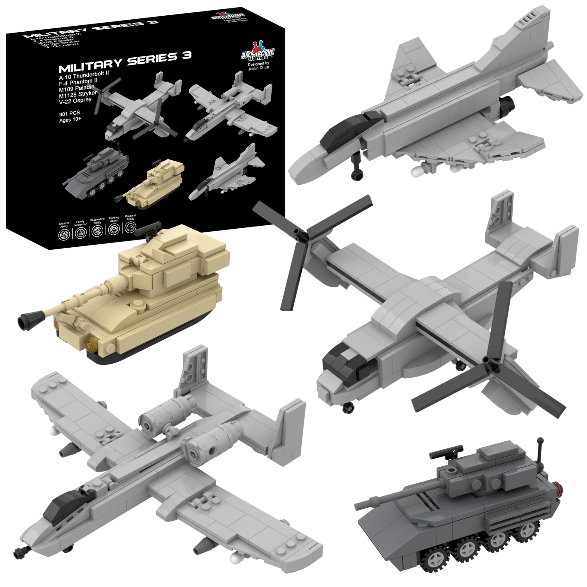 Apostrophe Games 5 Military Building Block Sets - (901 Pieces) A-10 Thunderbolt II, F-4 Phantom II, M109 Paladin, M1128 Stryker,