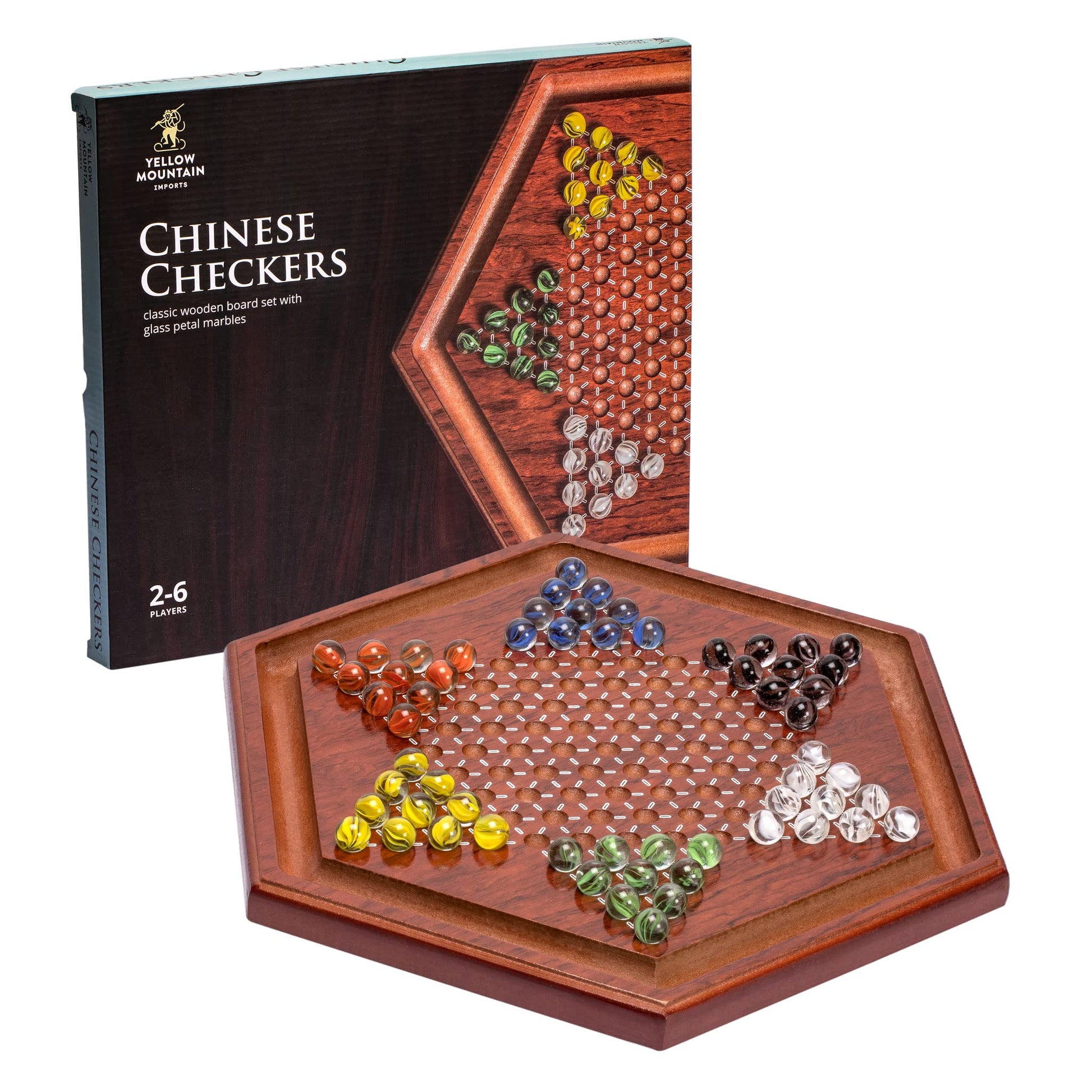 Yellow Mountain Imports Wooden Chinese Checkers Halma Board Game Set - 13.6-Inch - with 60 Colored Petal-Style Glass Marbles (16