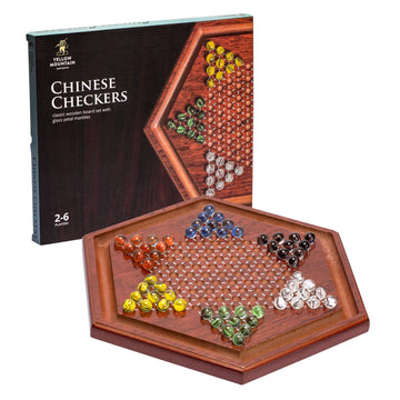 Yellow Mountain Imports Wooden Chinese Checkers Halma Board Game Set - 13.6-Inch - with 60 Colored Petal-Style Glass Marbles (16