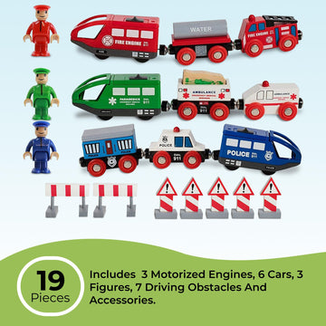 On Track Usa Wooden Train Set For Toddlers Battery Operated Action Rescue Trains With 3 Magnetic Motorized Engines And 6 Cars, Compatible With Thomas, Brio, Melissa And Doug