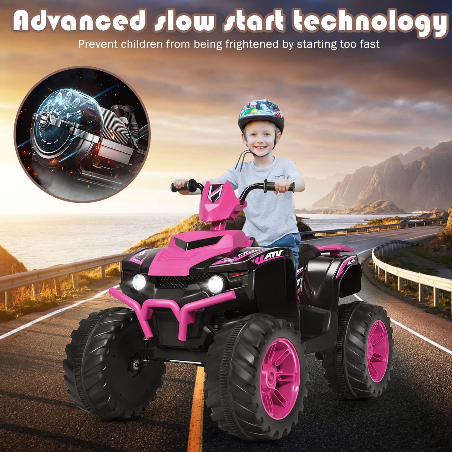 Honey Joy 12V Ride On Atv, 4-Wheeler Battery Powered Toddler Quad, 2 Speeds, Led Headlights, Slow Start, Horn, Music, Treaded Tires, Electric Ride On Toy For Kids(Pink)
