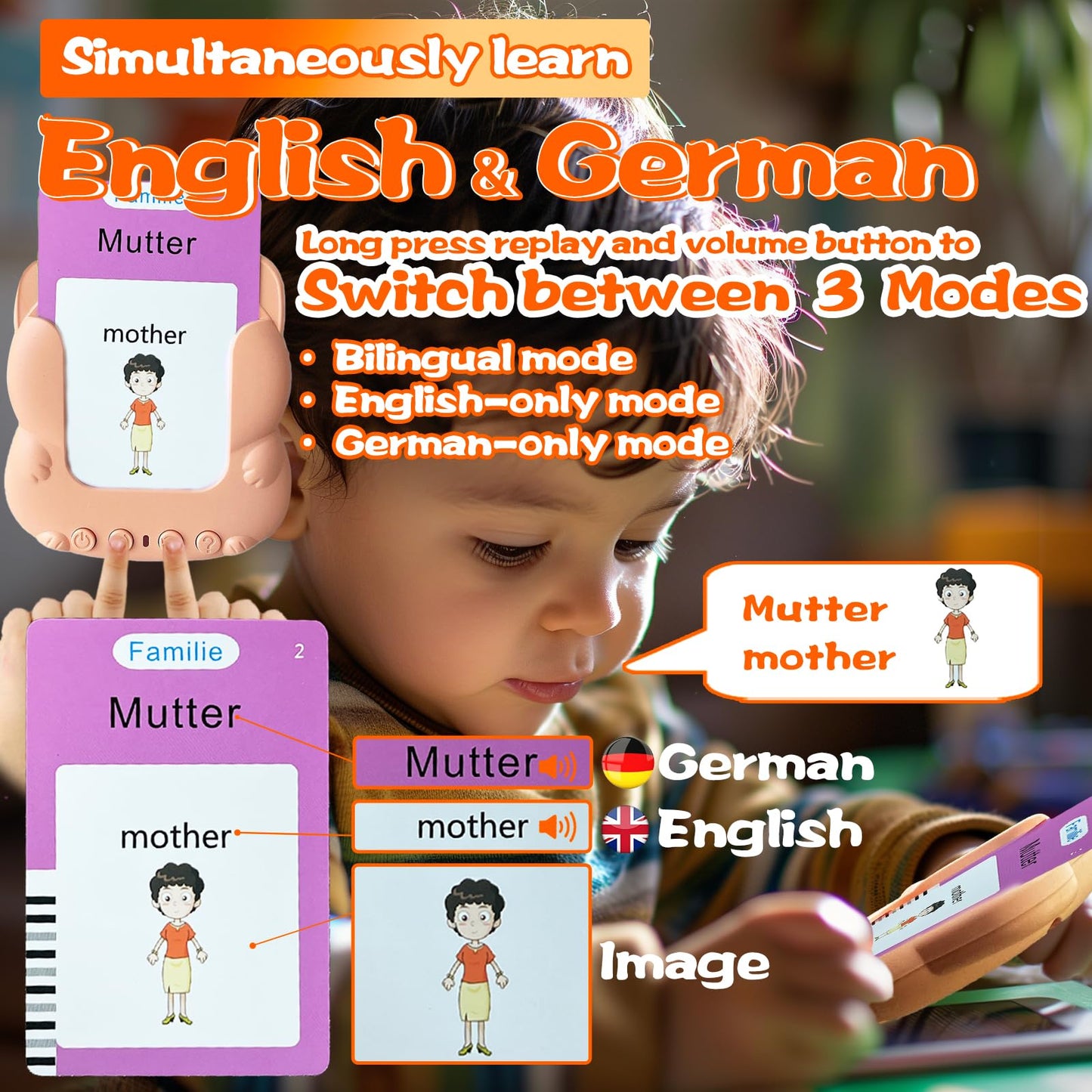 Halcontorno Talking Flash Cards For Kids - German Bilingual English Flashcard For Toddlers 3-12, Test Mode, 510 Sight Words, Aud