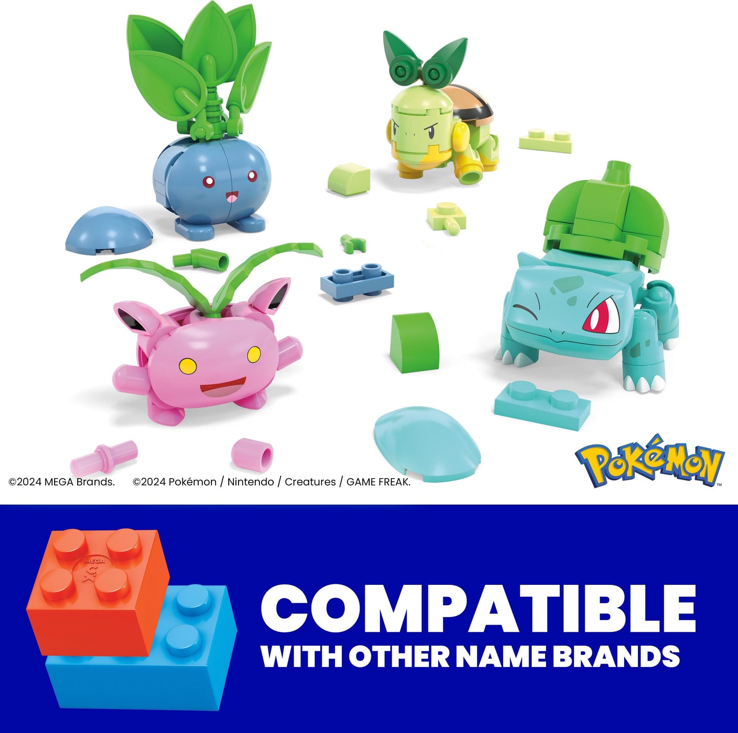 Mega Pokémon Building Toys Set Grass-Type Trainer Team With 118 Pieces, 4 Poseable Character, 2 Inches Tall, For Kids