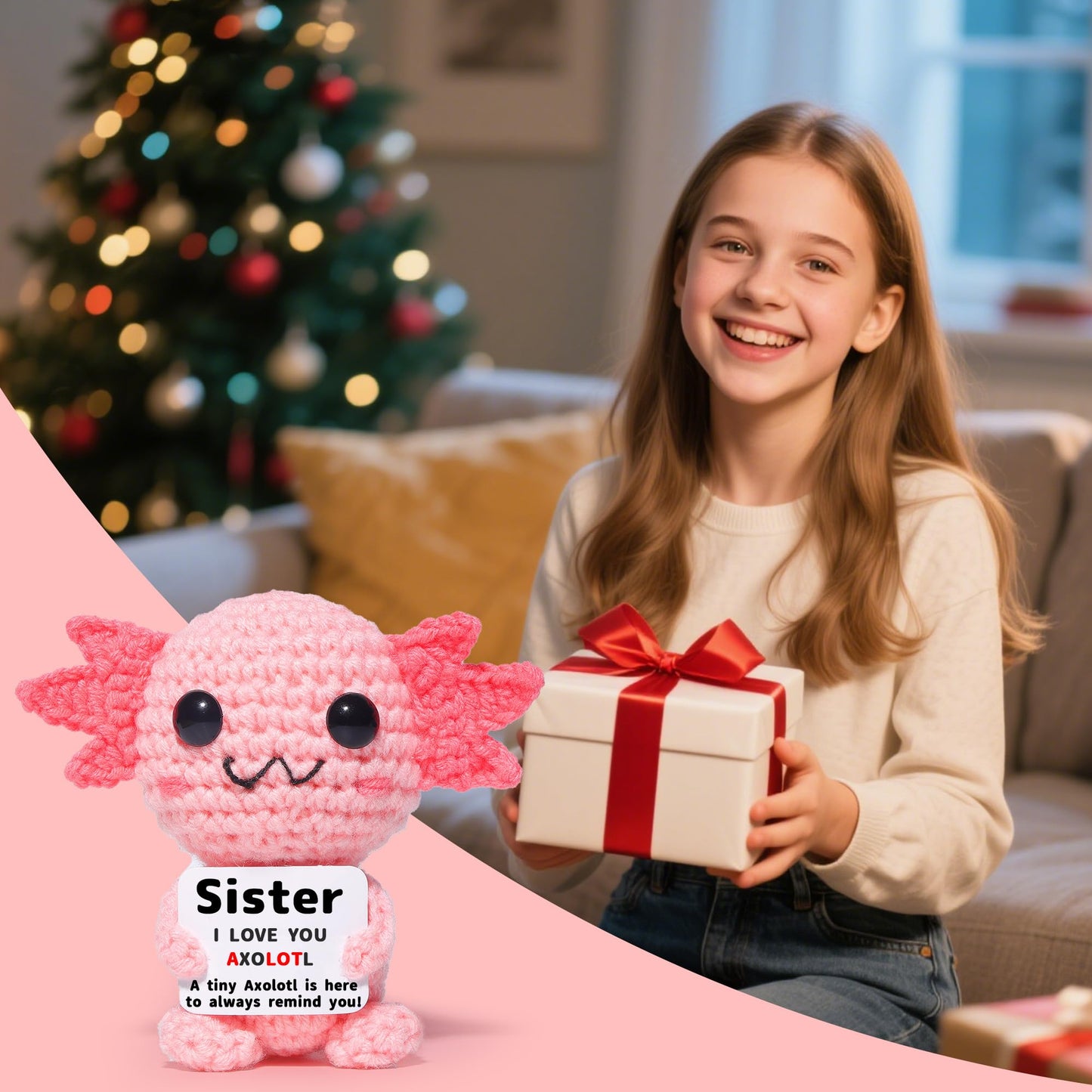 OkiyiD Mini Funny Crochet Axolotl Love Gifts for Sister  Small Handmade Axolotl Toy with 'I Love You A LOT' Card  Heartwarming Birthday Xmas Graduation Gifts from Sisters