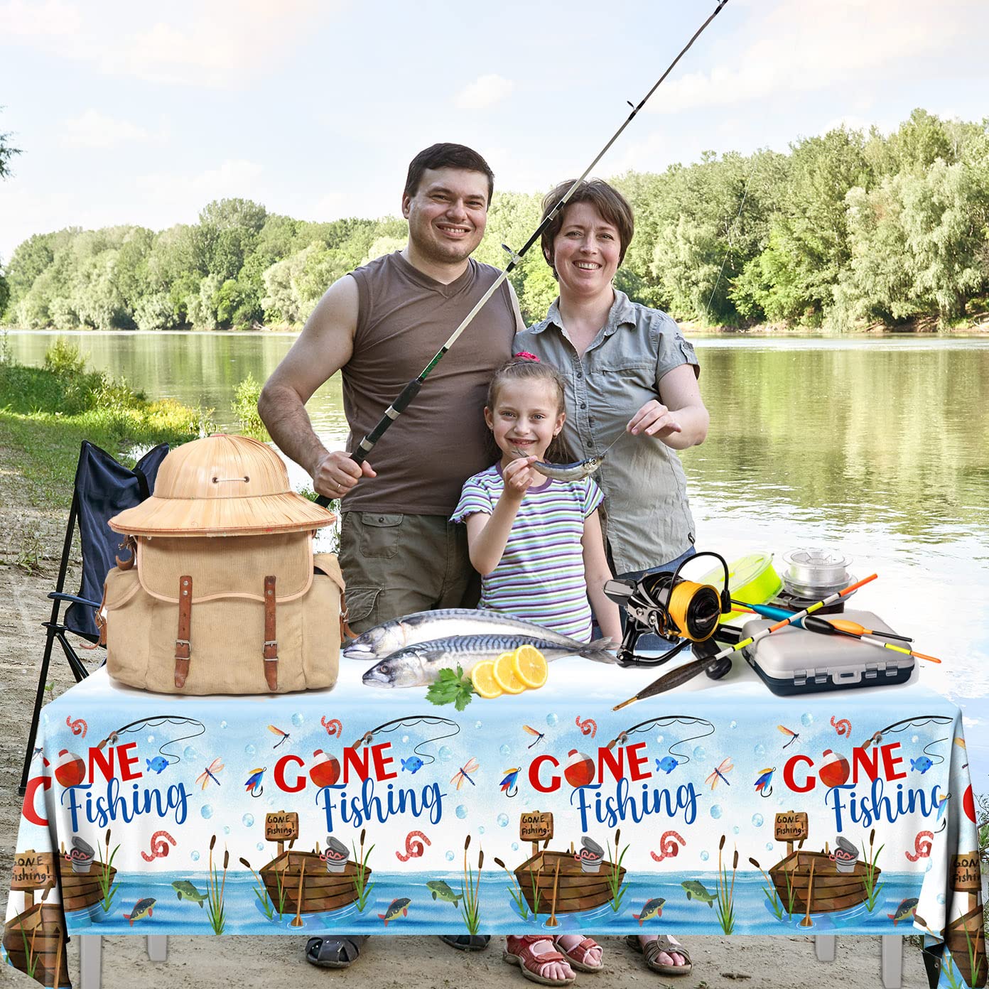 Grehumor 3Pcs Gone Fishing Tablecloth For Fishing Party Supplies Decoration Little Fisherman Themed Table Cover Plastic Disposab