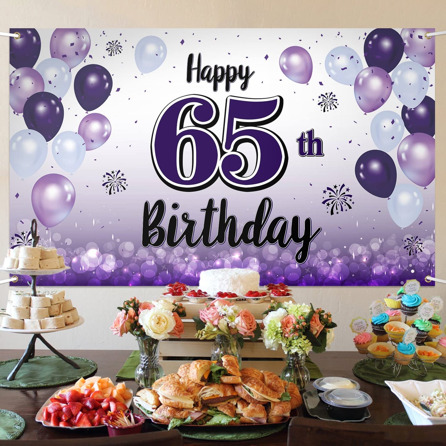LASKYER Happy 65th Birthday Decorations,65th Purple Balloon Large Birthday Banner Backdrop Sign,65 Years Old Bday Party Supplies