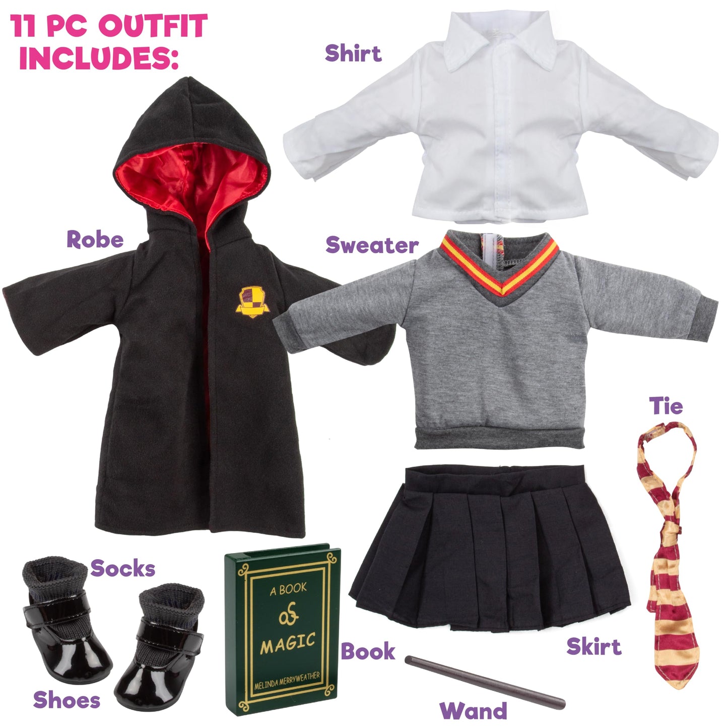 Deluxe 11Pc Hermione Granger Inspired 18 Doll Outfit-Compatible With American Girl Outfit & Accessories Set Includes Robe, Wand,