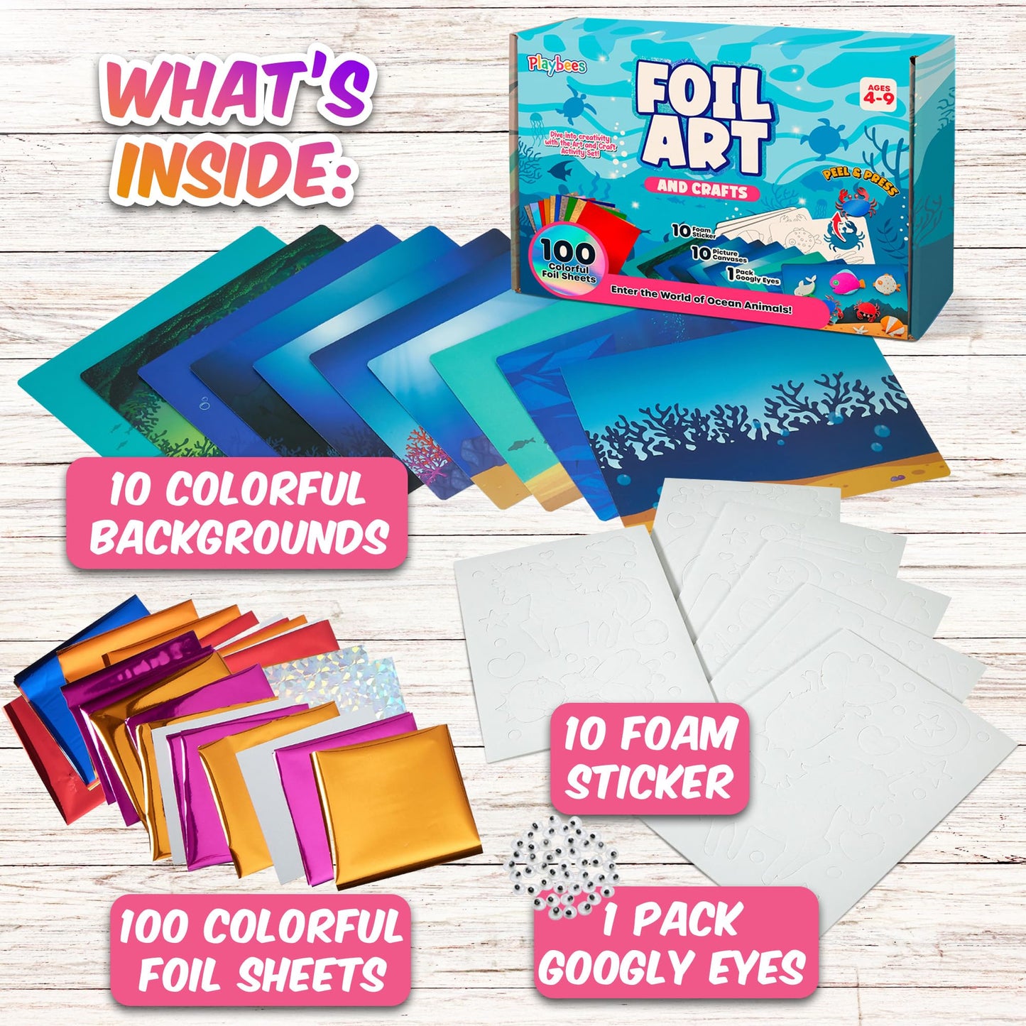 Playbees Press and Peel Foil Kit Sea Animals - Preschool Arts and Crafts Kit for Kids- No Mess Art for Boys & Girls Ages 4, 5, 6