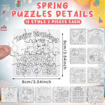 Realspring 24 Pack Happy Birthday Color Your Own Jigsaw Puzzles for Kids 3-5, 4-6, 6-8, Coloring Crafts DIY Paper Puzzles Party
