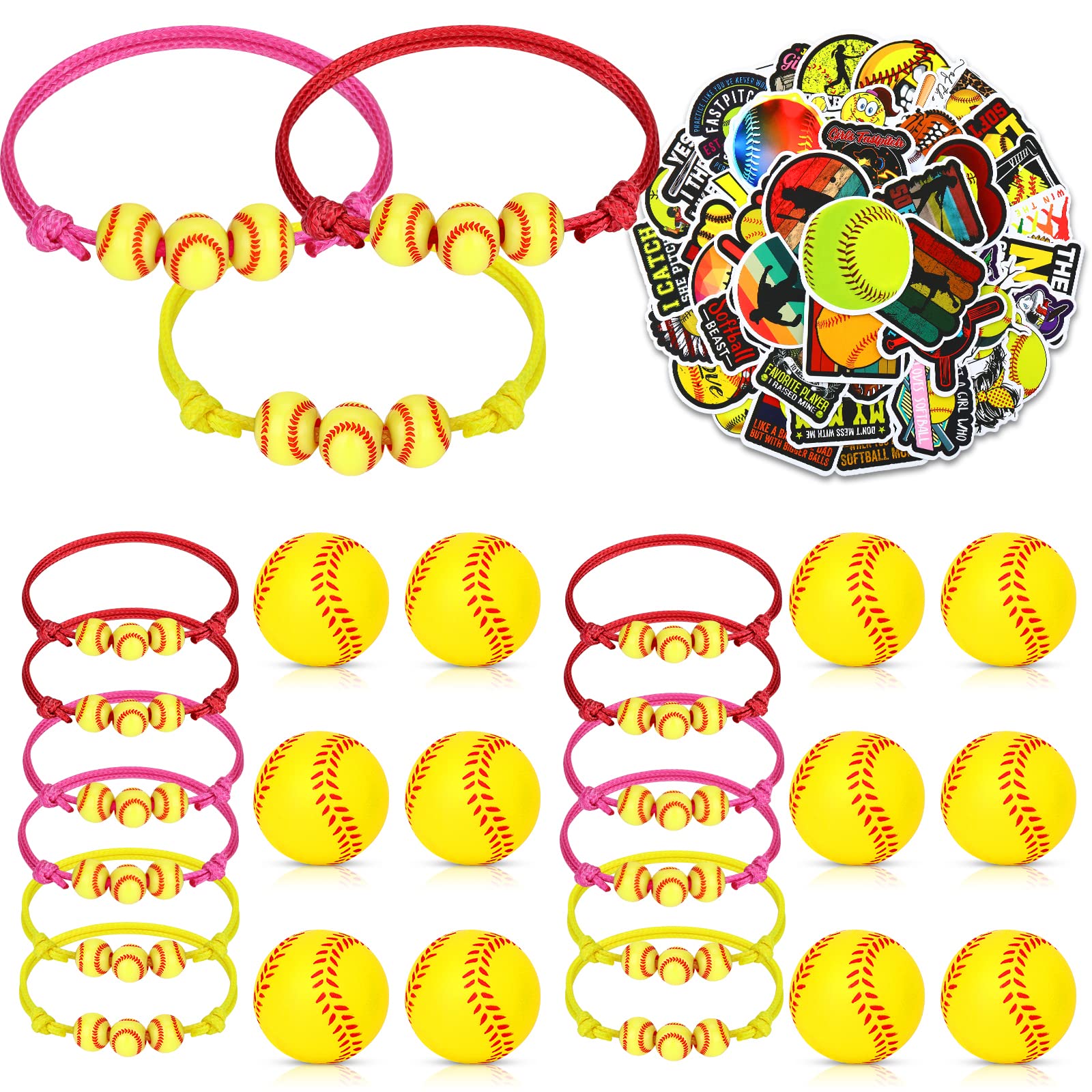 74PCS Softball Party Favors Gifts Softball Charm Bracelets Softball Stress Ball Softball Stickers Softball Adjustable Wristbands