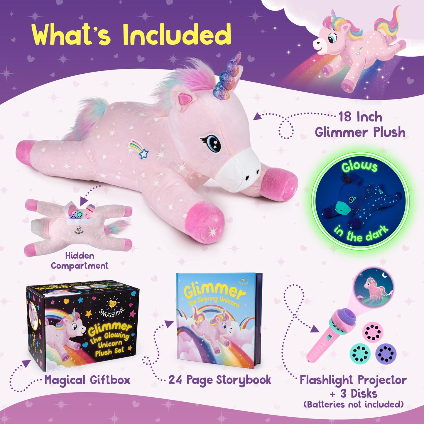 SNUGSHINE Glow in The Dark Unicorn Plush Set with Unicorn Book & Flashlight Projector, 18 Inch Unicorn Stuffed Animal and Book S