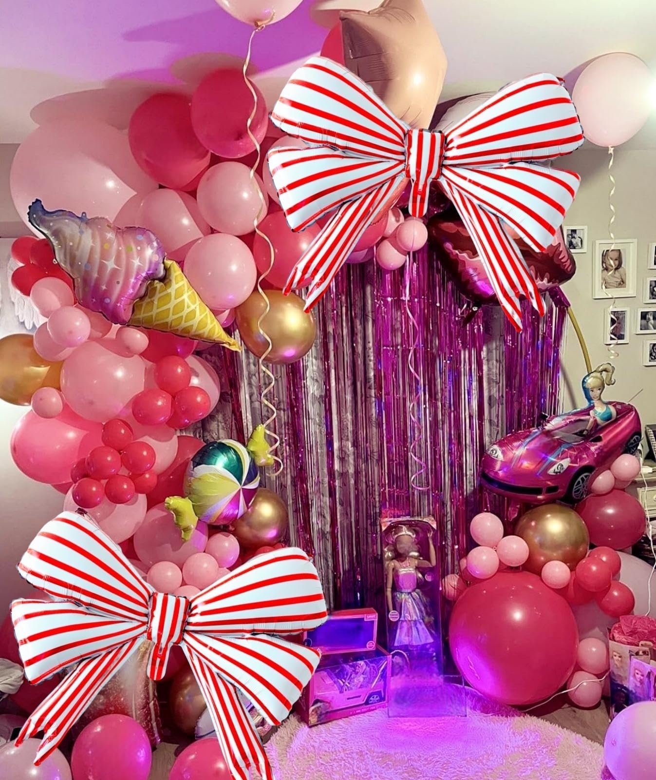 Kwuz 2 pcs Big Bow Balloons Red Strips 30 inch, Bow Party Balloons Decorations for Girls Birthday Mouse Themed Baby Shower Weddi