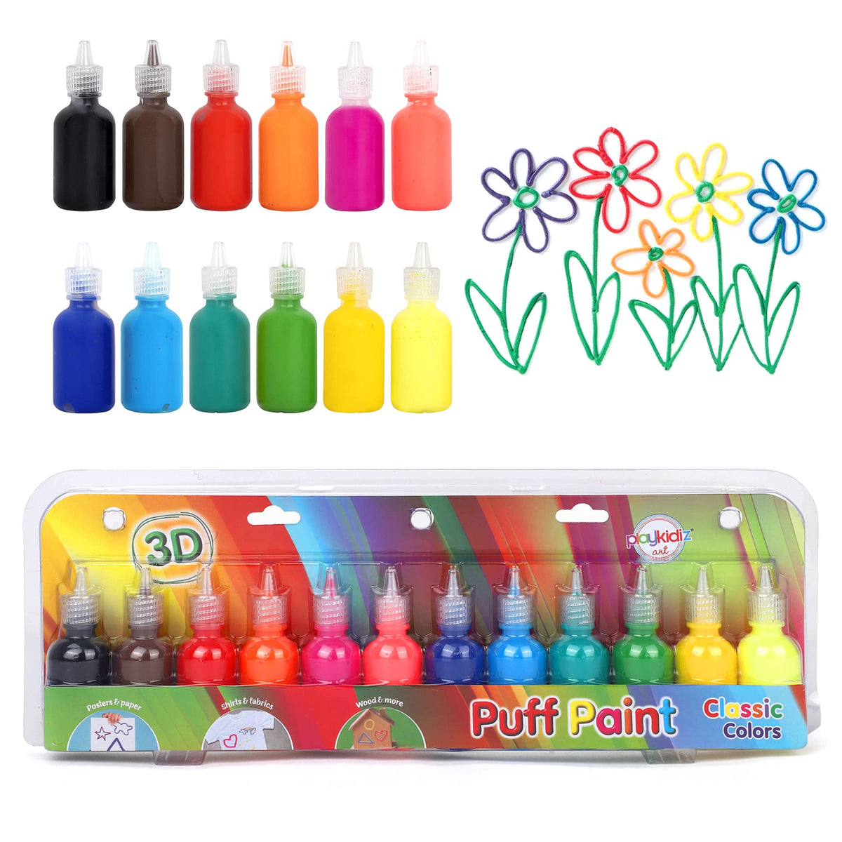Playkidiz Puff Paint, 24 Pack 3D Fabric Paint, Classic Colors, Permanent Nontoxic Paint Set for Kids, Ages 3+