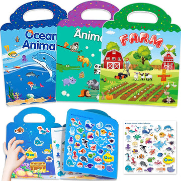 Reusable Sticker Books For Kids, 3 Sets Travel Removable Toddler Sticker Books For 2 3 4 5 Year Old Girls Boys Birthday Gifts Educational Learning Toys For Age 2-4 - Ocean & Zoo Animal, Farm