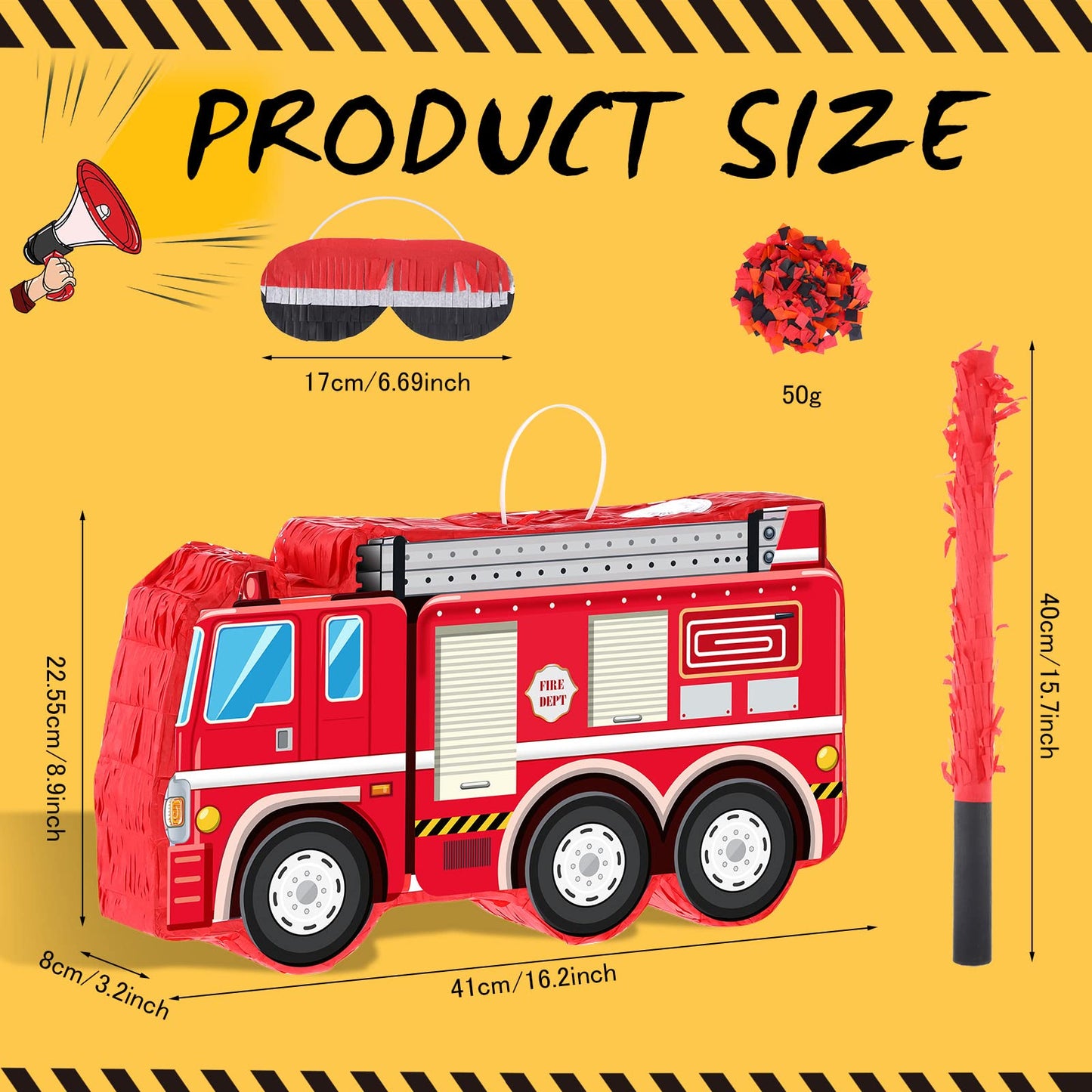 Aoriher Fire Truck Piñata - 16.14" x 8.9" x 3.15", Cardboard, Includes Blindfold, Bat & Confetti, Perfect for Kids