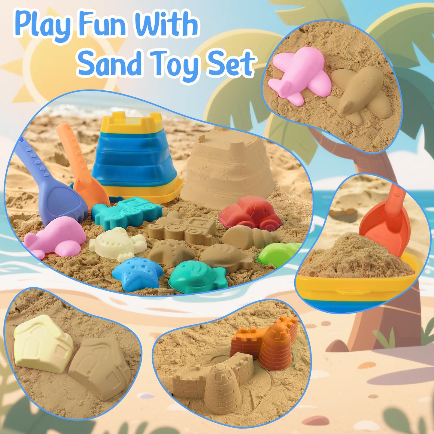 Collapsible Beach Toys Sand Set Collapsible Sand Bucket And Shovels Set With Mesh Bag & Molds Sandbox Toys For Kids Boy Ages 4-8