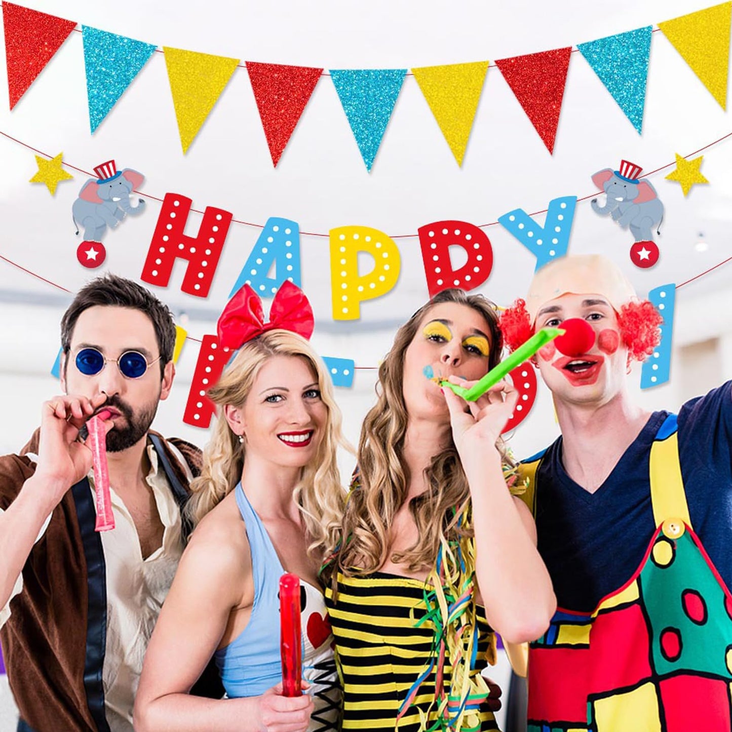 Zwiebeco Birthday Party Decoration Supplies Red Blue Yellow Happy Birthday Sign Banner Triangle Flags Pennant Banner Hanging Pap