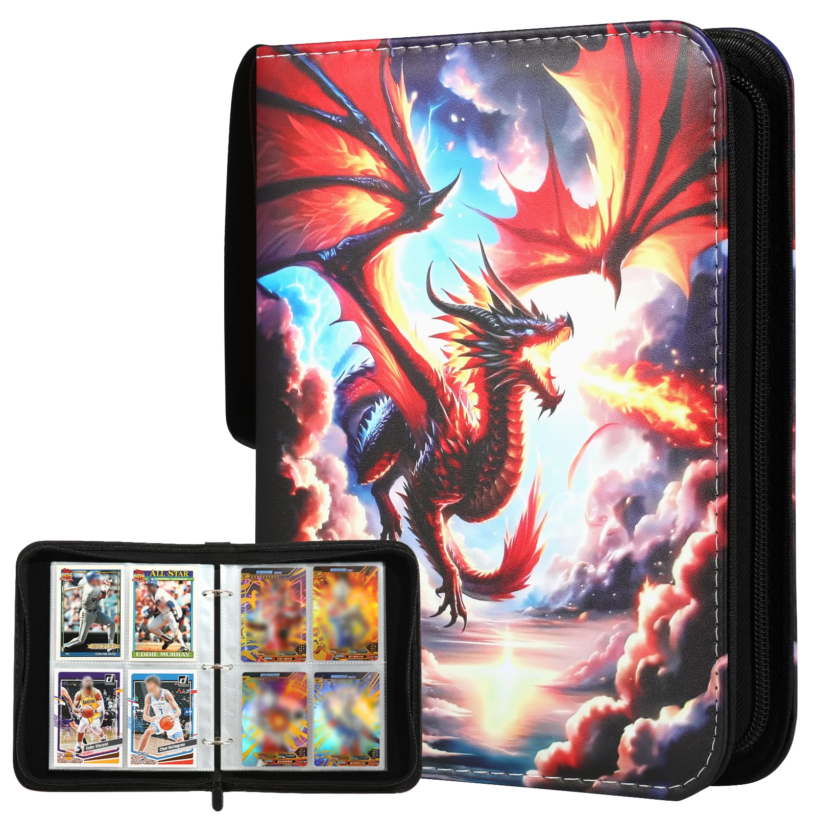 Deluxe Fire Dragon Trading Card Binder - 4-Pocket Zipper Album with 400 Pockets & 50 Removable Sleeves  enhanced Holder for Game/Sports Cards  Ideal for Collectors  Boys & Girls