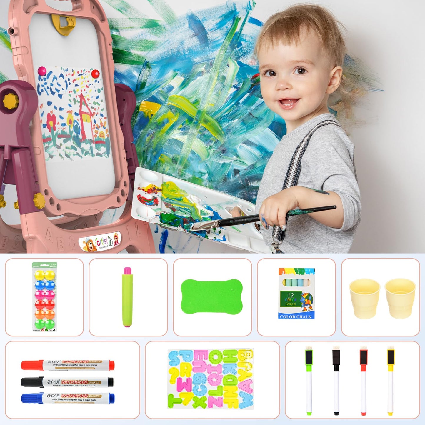 Ylovetoys Kids Art Easel, Adjustable Drawing White Board & Chalk Board, Toddler Standing Easel With Painting Accessories, Gift F