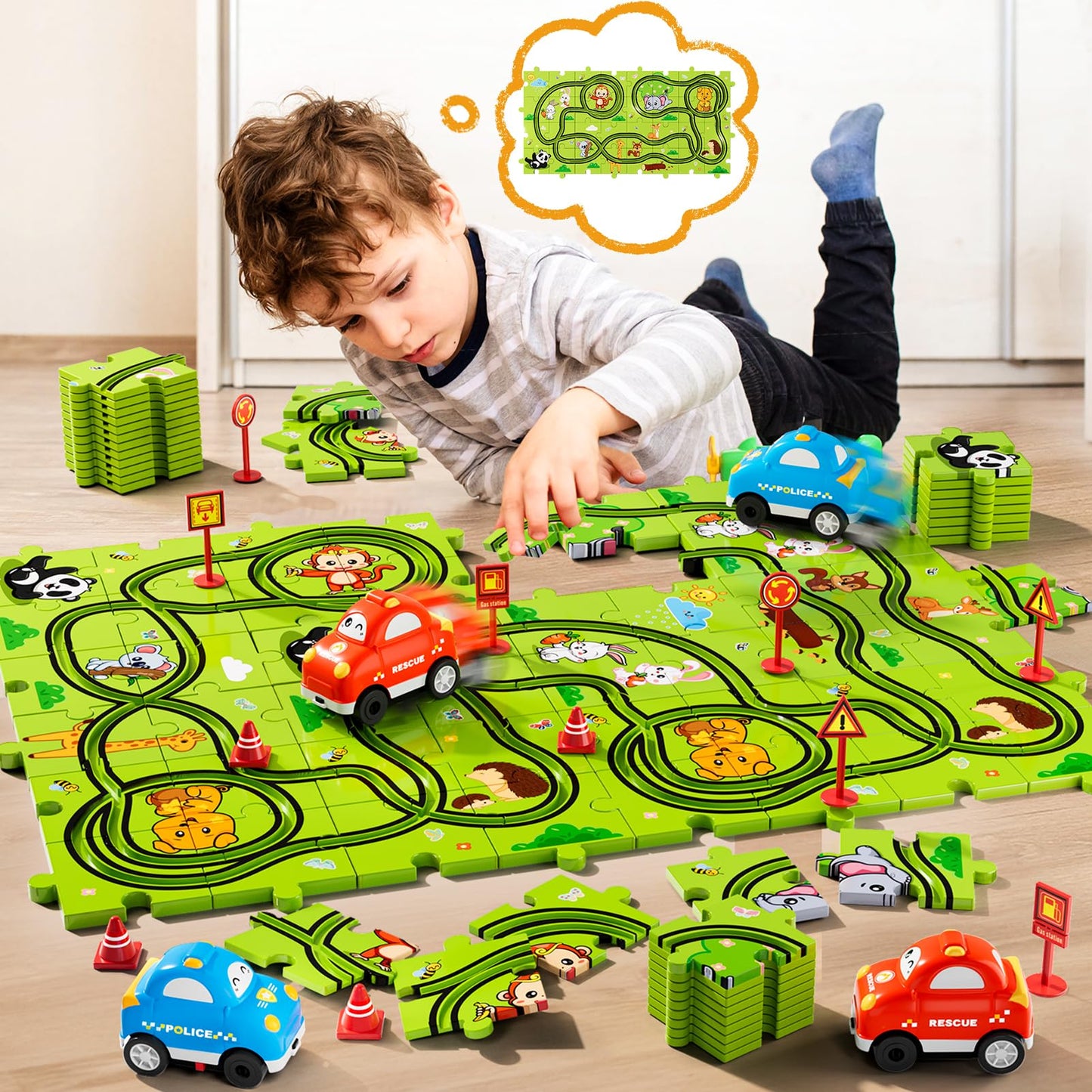 Beby Buty 48PCS Puzzle Race Track Car Set - Green Plastic Toys for Kids Ages 3-6, Ideal Birthday Gifts for Boys