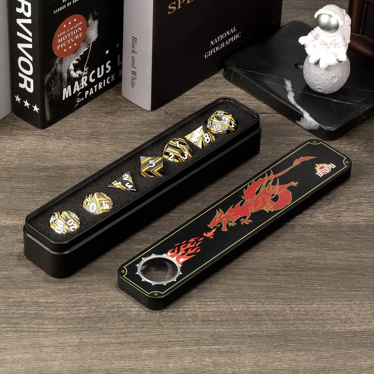 Stripe Metal DND Dice Set,DNDND Metallic D&D Dice with Gift Case for Dungeons and Dragons D&D (Gold Stripes)