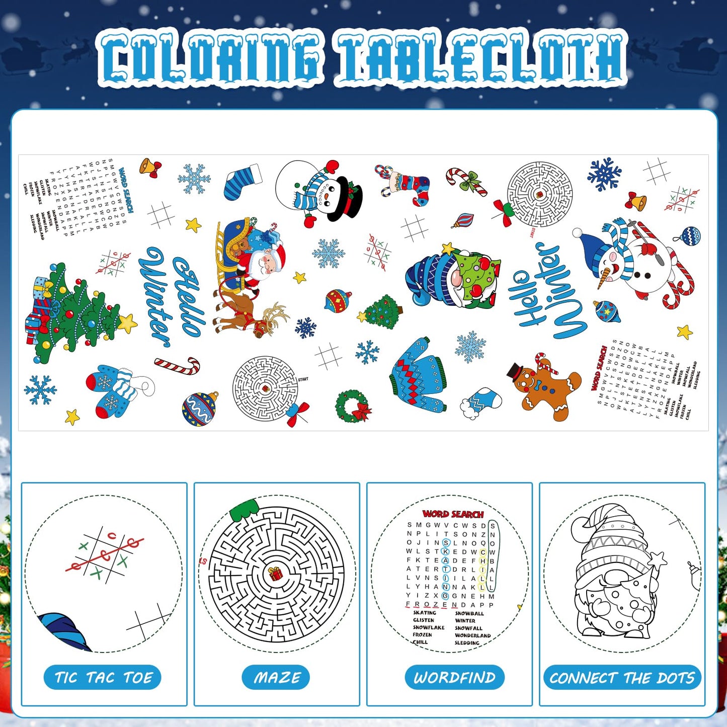 1 Pack Winter Coloring Tablecloth for Kids, Disposable Christmas Paper Tablecloth, Snowman Hello Winter Color-in Activity Table