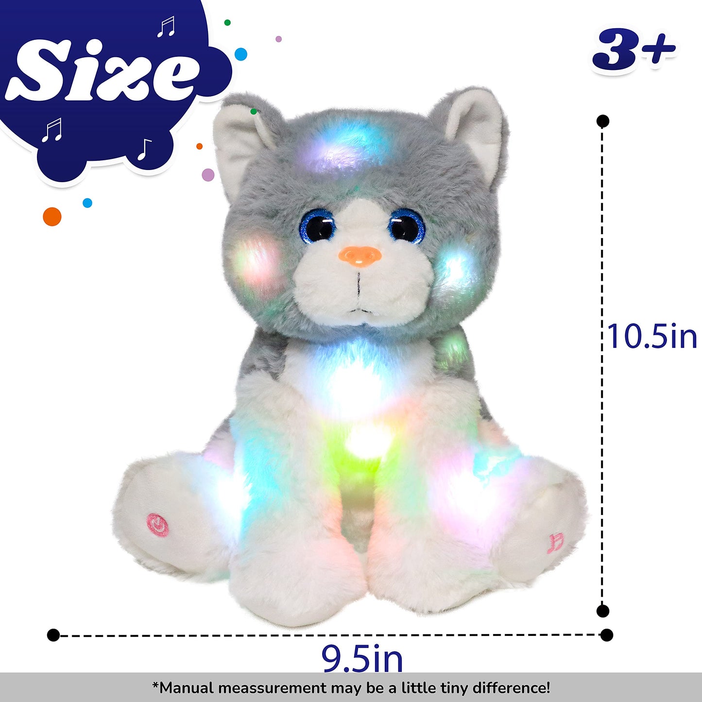 Cuteoy Kitty Led Musical Stuffed Animal Light-Up Singing Plush Cat Adjustable Volume Lullaby Plushies Birthday Christmas Toy Gifts For Kids Toddler Girls, 10.5'