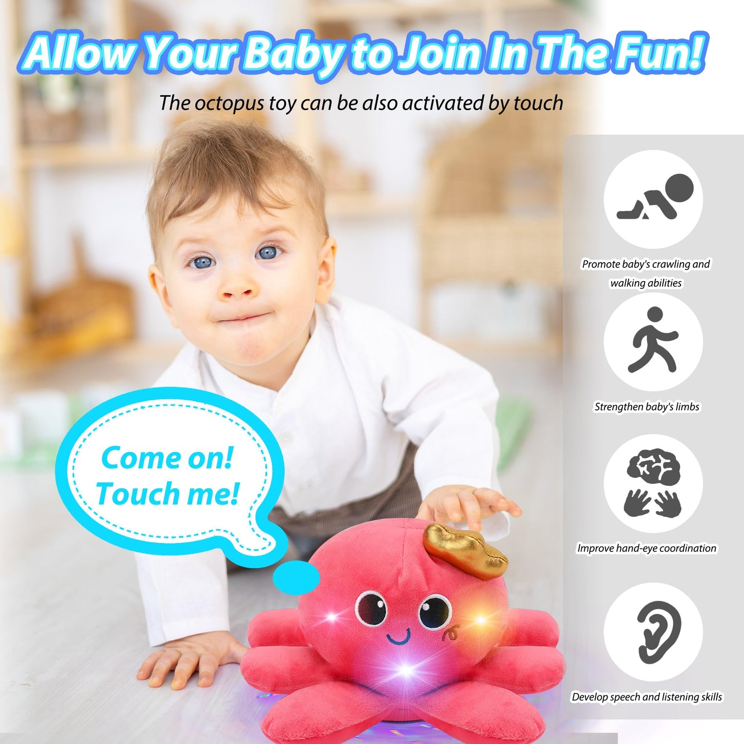 Joyyikinddy Musical Octopus Baby Toy - Crawling & Rotating Octopus Toy With Recording, Light-Up Voice Control, Clap Hands Awake