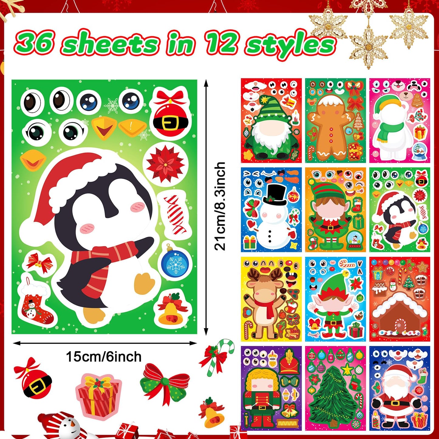 DECYOOL 36 Sheets Christmas Stickers, Christmas Make a Face Stickers Make Your Own Christmas Stickers Santa Snowman Xmas Holiday