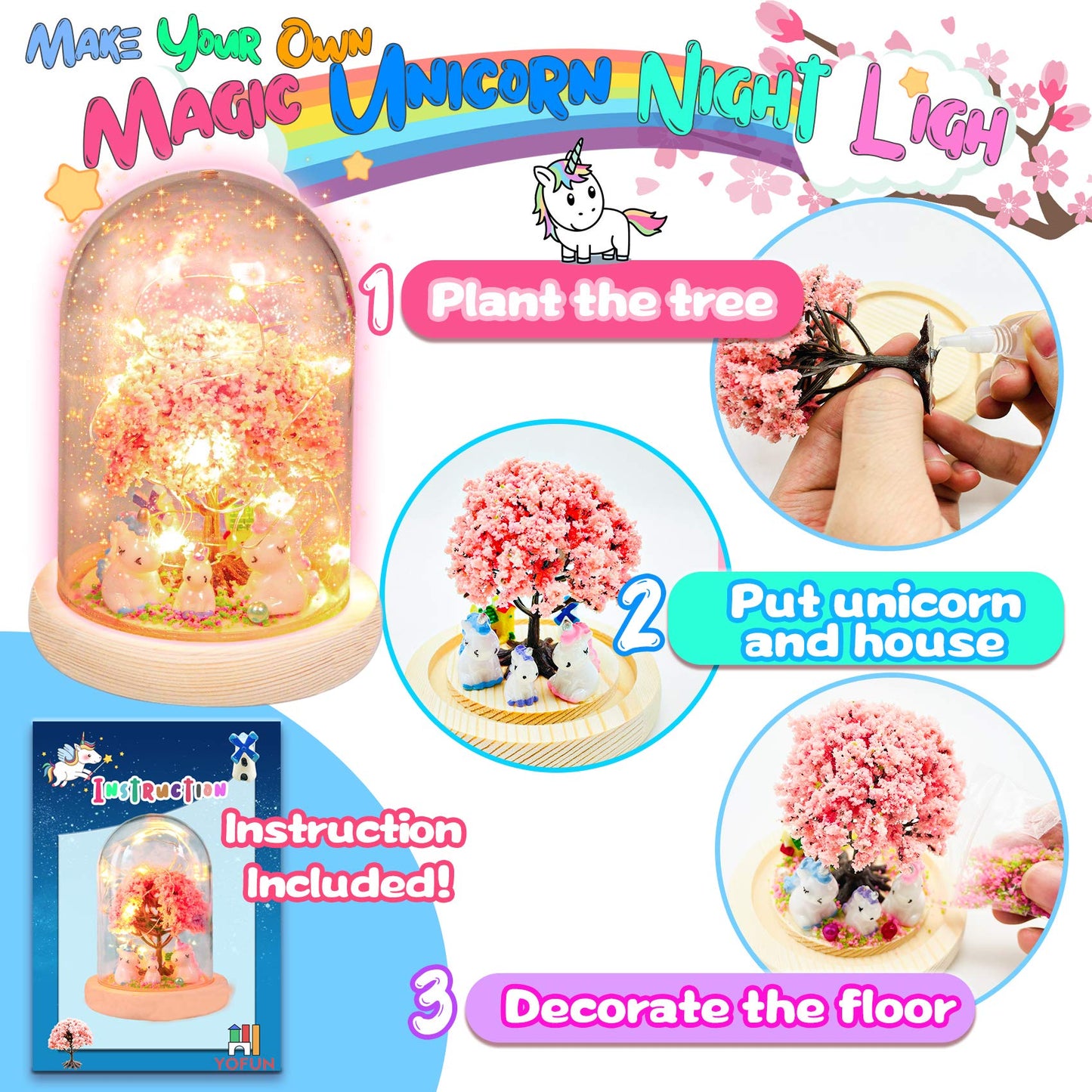 Y YOFUN Unicorn Night Light Craft Kit for Kids, Large Multicolor, Ages 4-9, Model US-UNICORN LIGHT
