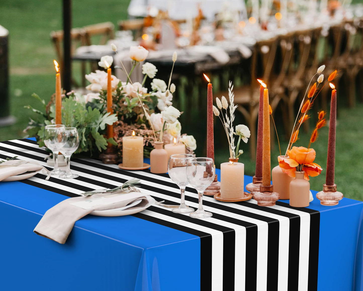 Oudain 6 Pcs Striped Tablecloth 108 x 54 Inch Disposable Plastic Table Cloth Waterproof Tablecloth Rectangle Table Cover for Bir