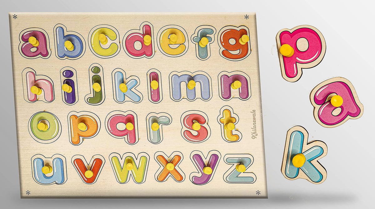 Khilonewale Wooden Puzzle with Knobs Educational and Learning Toy for Kids (Small Alphabets)