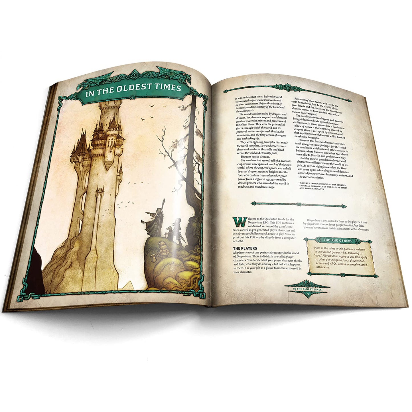 Free League Dragonbane RPG Core Set - Includes Dice, Rulebook, Adventures, Map - Medium Size - Green, Brown, Beige - Model 230017