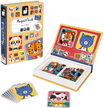 Janod Magnetibook 80 Pc Magnetic Mix And Match Animal Faces Game For Creativity And Motor Skills. Book Shaped Travel/Storage Case Included - S.T.E.M. Toy For Ages 3+, Multicolor