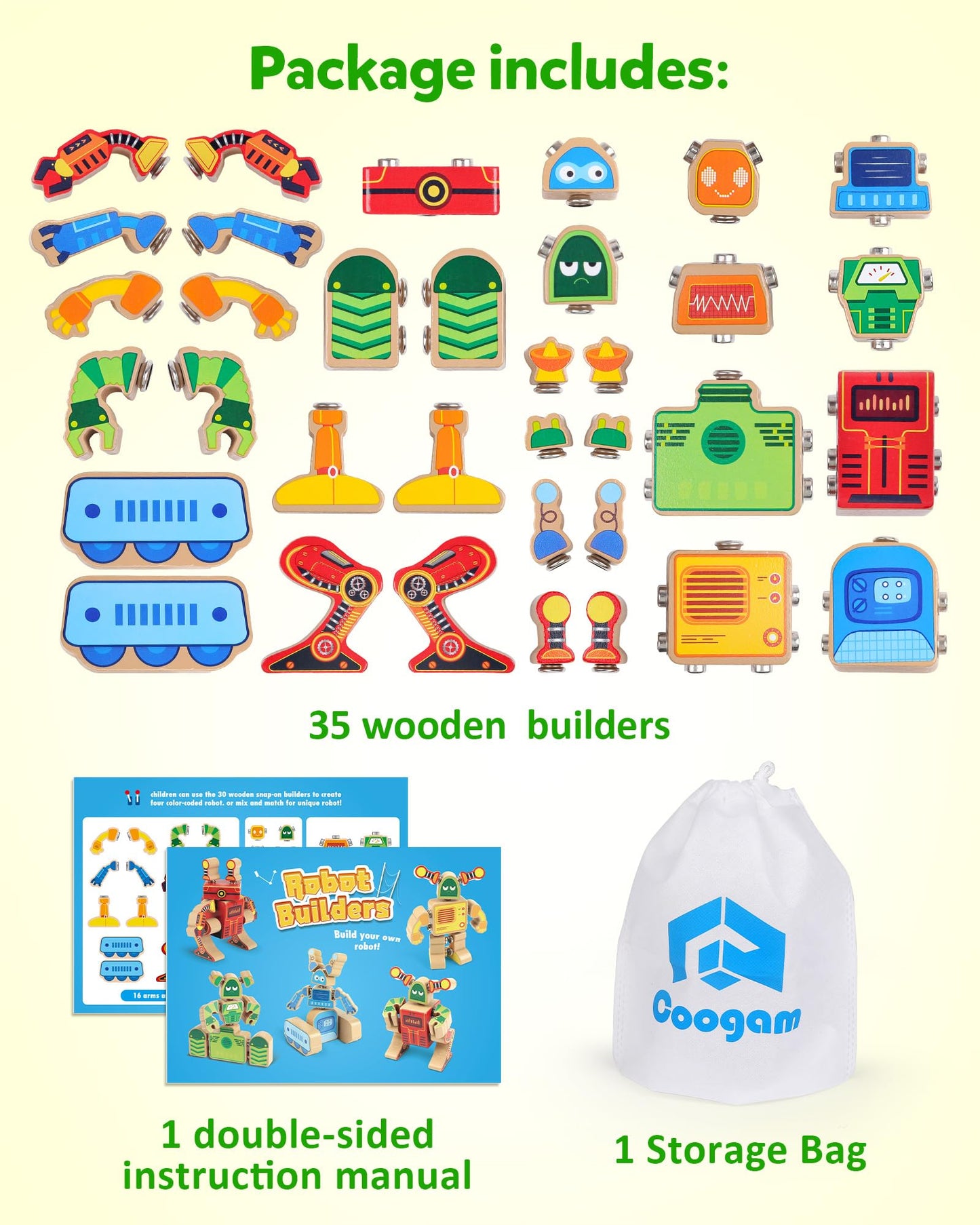 Coogam Fine Motor Building Robot Blocks For 3 4 5 Years Old Kids, Wooden Snap Together Robot Builders, Stem Take Apart Robot Playset, Educational Learning Toy Gift For Boys Girls