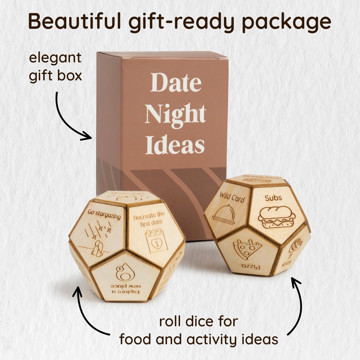 2 Pcs Wooden Dodecahedron Food & Activity Dices Decider, 12 What To Eat And Do For Dinner Decision Dice Date Night Ideas, Valent