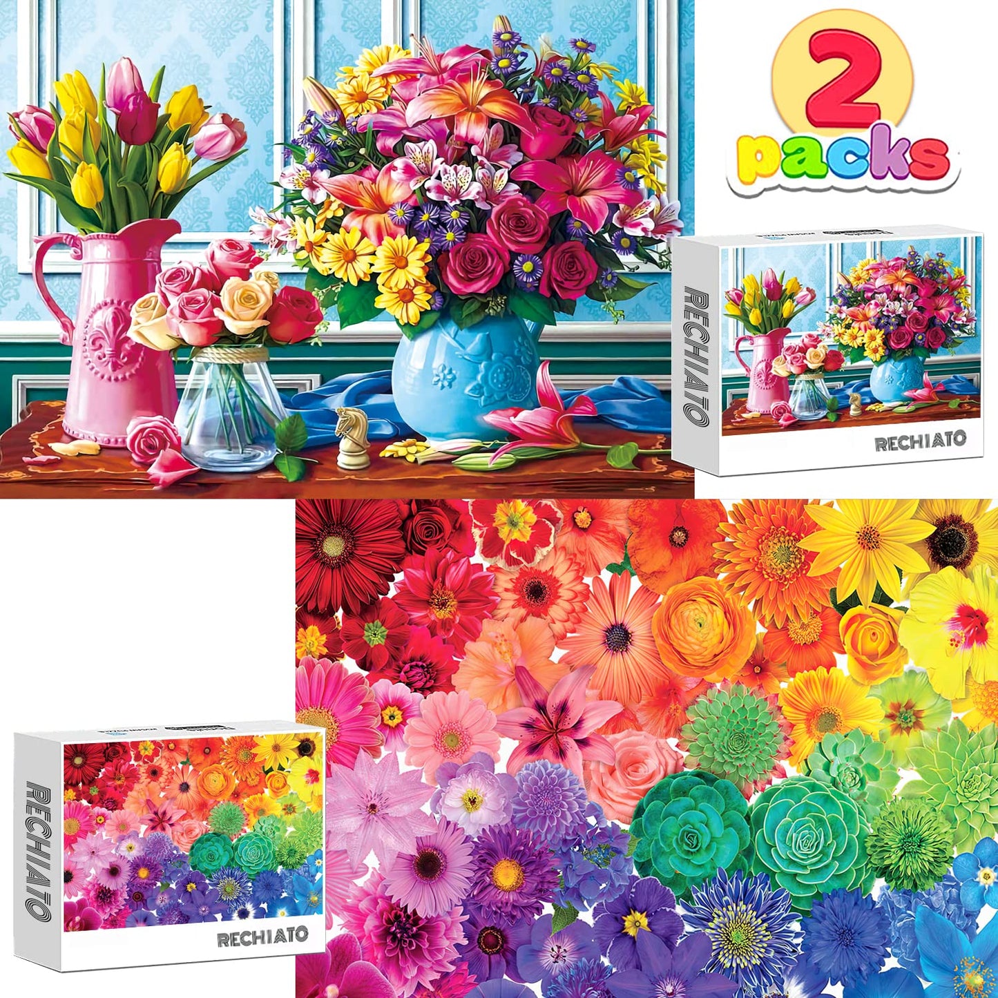 1000 Pieces Flower Puzzles For Adults, 2 Pack Colorful Flowers Jigsaw Puzzles, Spring Plants Rose Daisy Blooms Challenging Funny