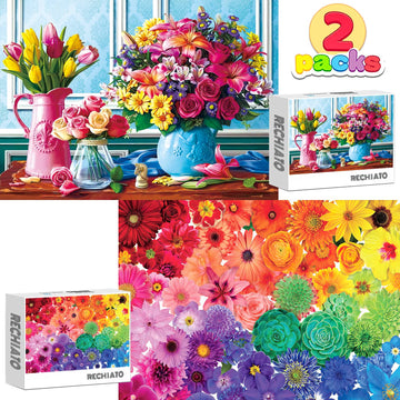 1000 Pieces Flower Puzzles For Adults, 2 Pack Colorful Flowers Jigsaw Puzzles, Spring Plants Rose Daisy Blooms Challenging Funny