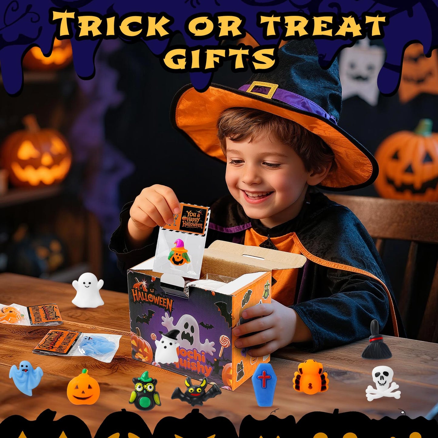Halloween Mochi Squishy Toys 24 Pack with Gift Cards  Mini Squishy Toys  Halloween Toys Bulk Party Favors for Kids  Trick or Treat  Stress Relief Toys  Birthday Gift  Classroom Prizes