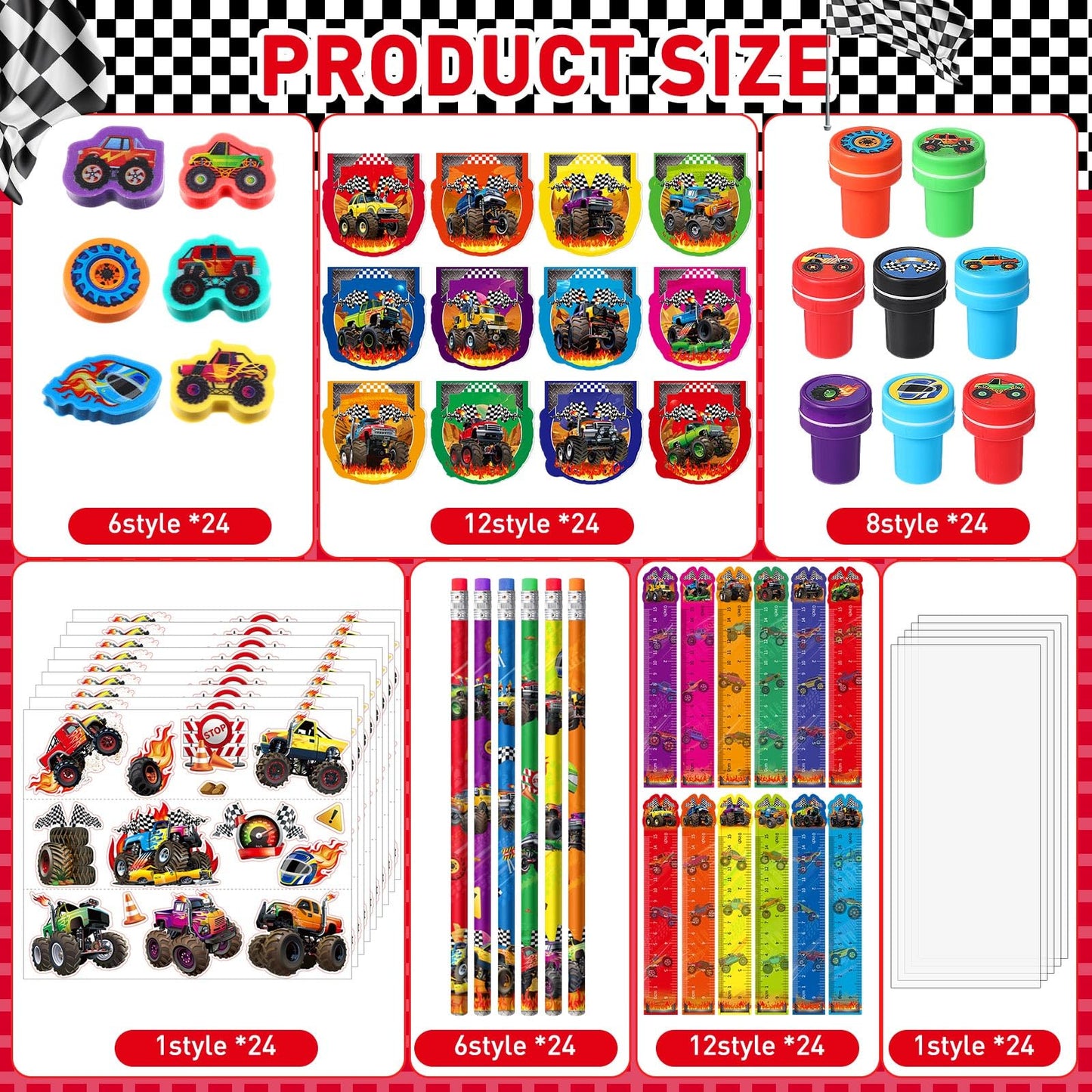 Cholemy 168 Pcs Monster Truck Party Favors Truck Party Supplies Monster Truck Stationery Set Notebook Sticker Stamper Eraser Rul