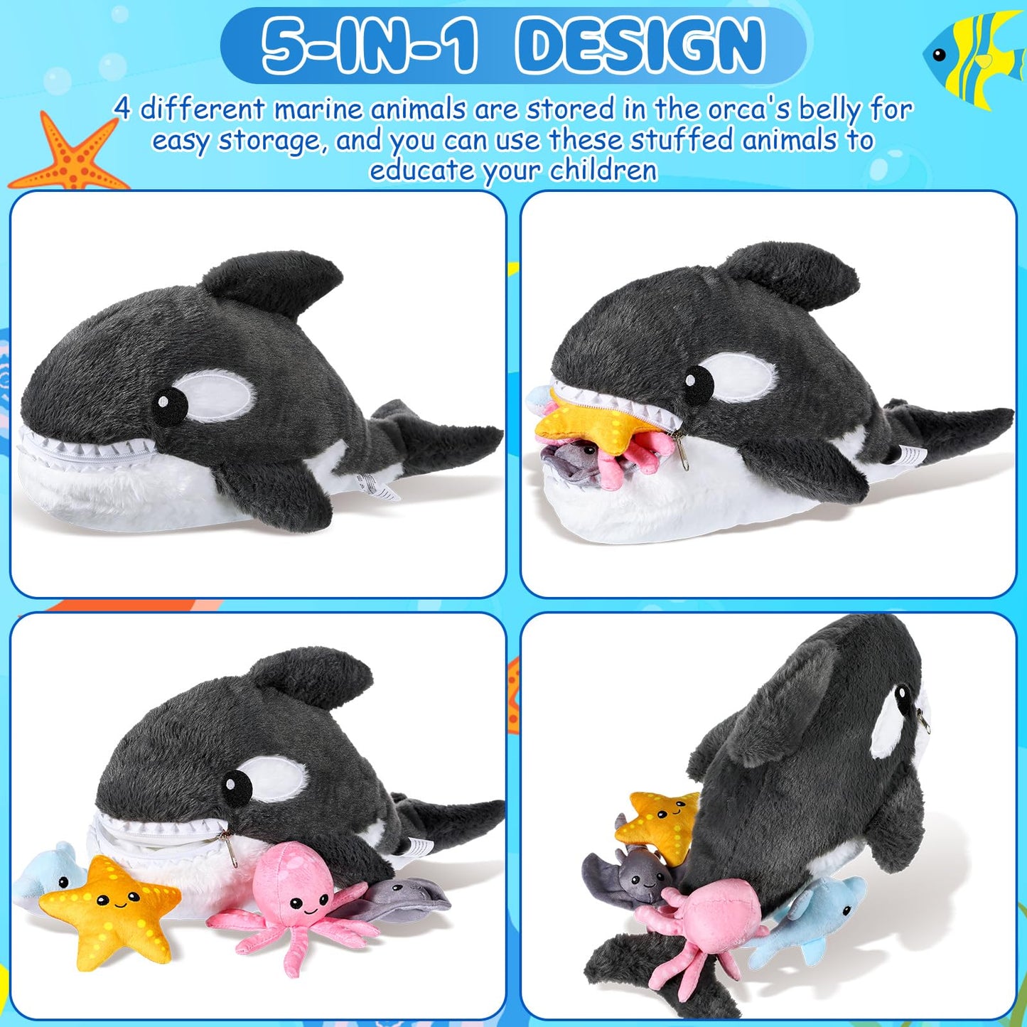 Syhood 5 Pieces Sea Stuffed Animals Plush Set Include 1 Large Whale Plush Doll With Small Starfish Dolphin Octopus Ray Stuffed Toy For Huggable Sleeping Holiday Birthday Gifts