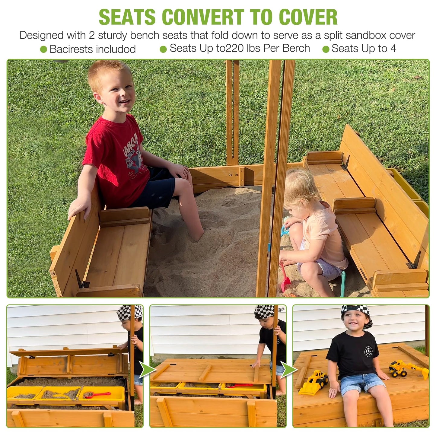 GUTINNEEN Sandbox with Lid and Cover for Kids Outdoor Sand Box with 3 Toy Bins, 2 Foldable Bench Seats, Adjustable Canopy and Sa