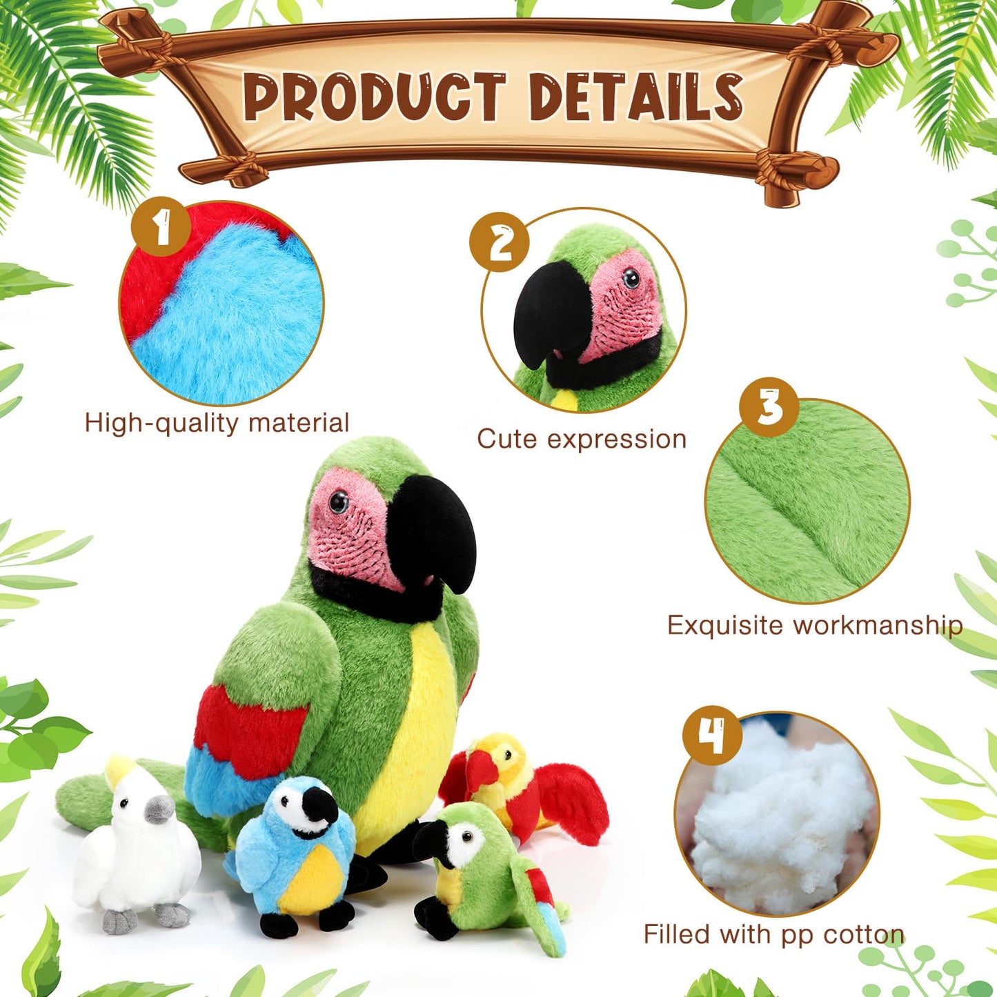Meooeck 5 Pcs Christmas Macaw Parrot Plush Set 13 Inch Mommy Parrot Stuffed Animal With 4 Cute Plush Baby Parrot In Her Belly So