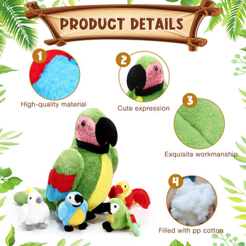 Meooeck 5 Pcs Christmas Macaw Parrot Plush Set 13 Inch Mommy Parrot Stuffed Animal With 4 Cute Plush Baby Parrot In Her Belly So