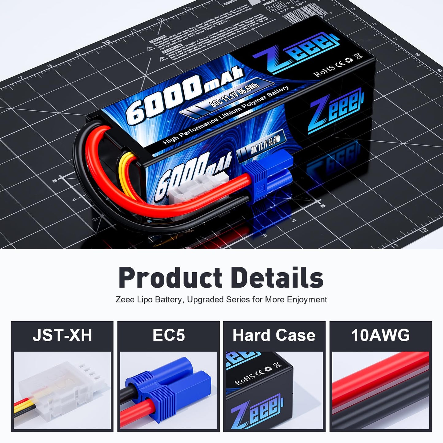 Zeee 11.1V 80C 3S 6000mAh Lipo Battery EC5 Connector for RC Cars & Boats (2 Pack)