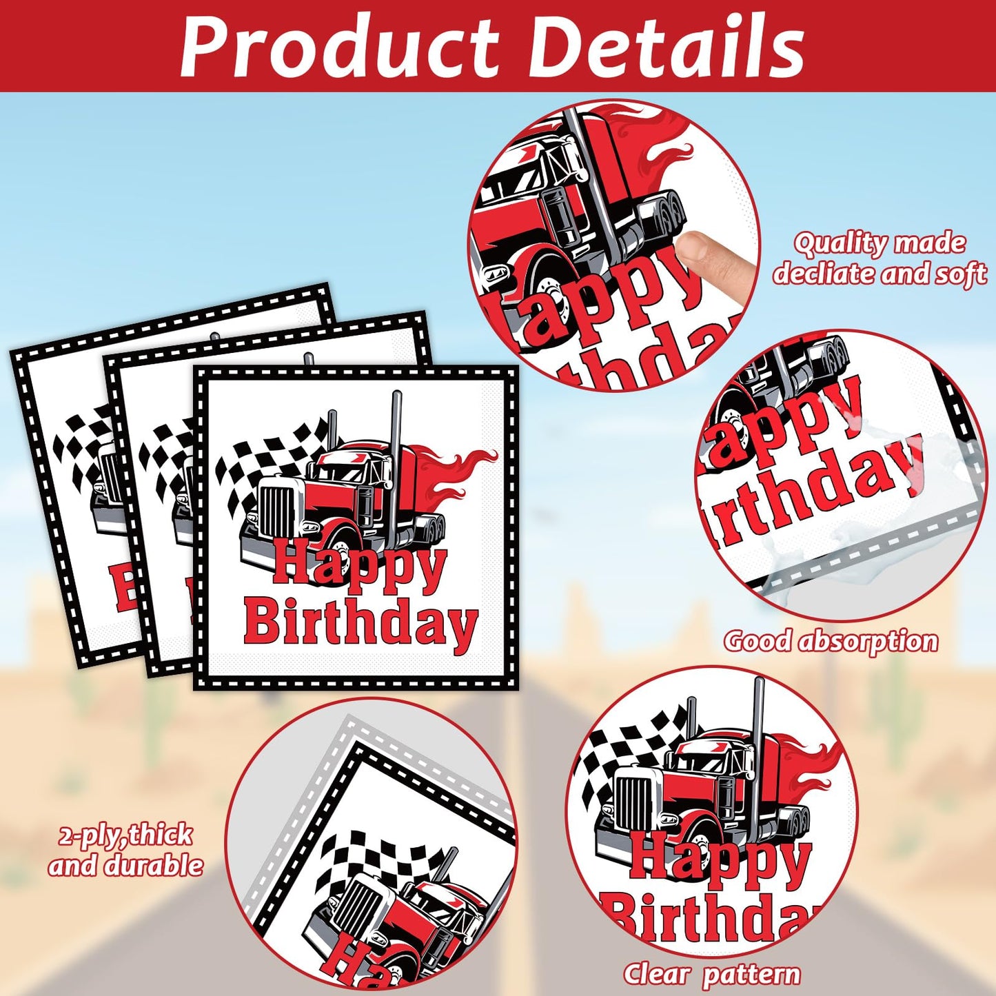 gisgfim Semi Truck Party Supplies Set - 96 Pcs Paper Plates & Napkins for Kids Birthday, Red Tractor Trailer Theme, Serves 24