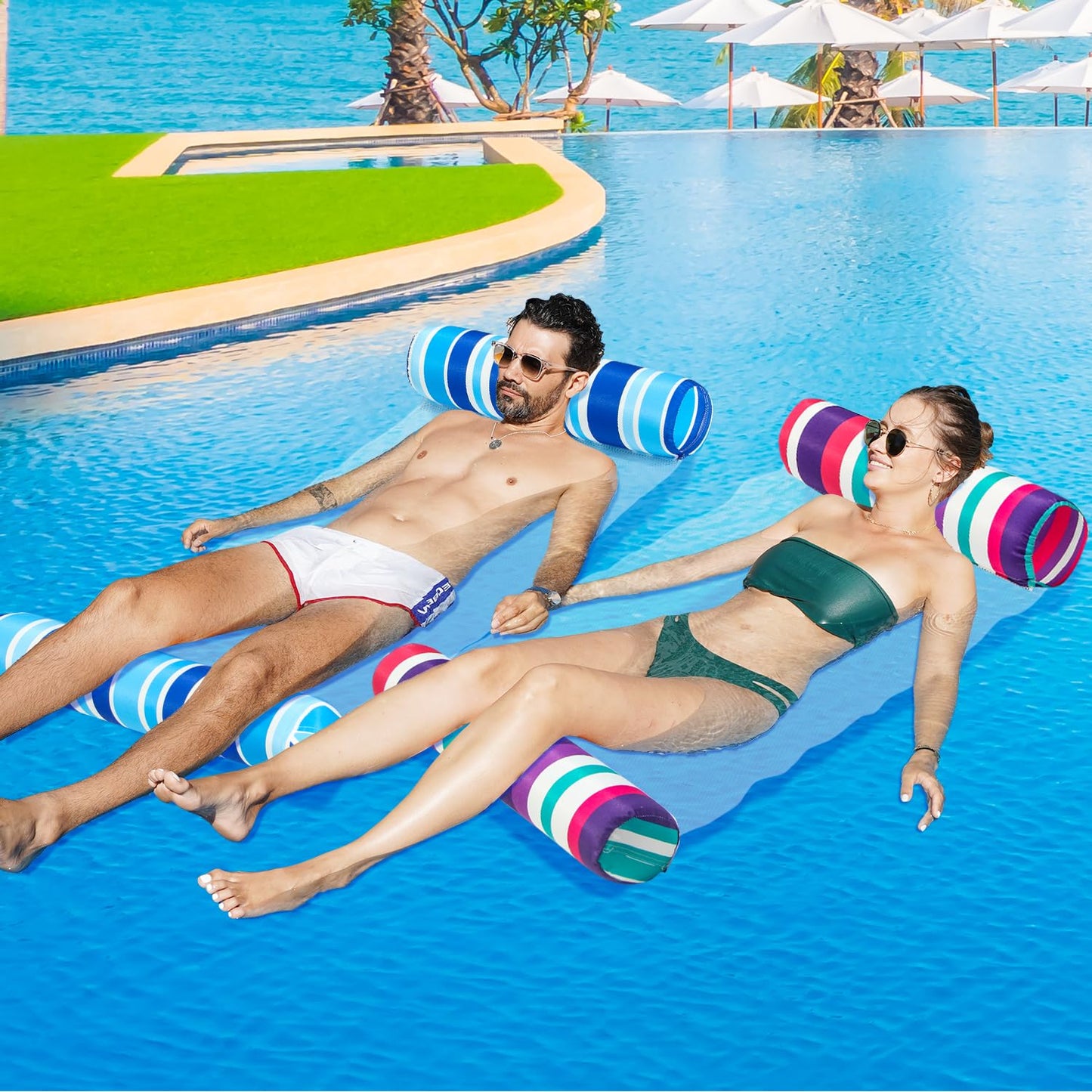 Finduwill 2 Pack Fabric Water Swimming Pool Floats Hammock, Xl, Inflatable Multi-Purpose Water Hammocks Floaties (Saddle, Lounge Chair, Hammock, Drifter), Pool Float Lounger For Adults Vacation
