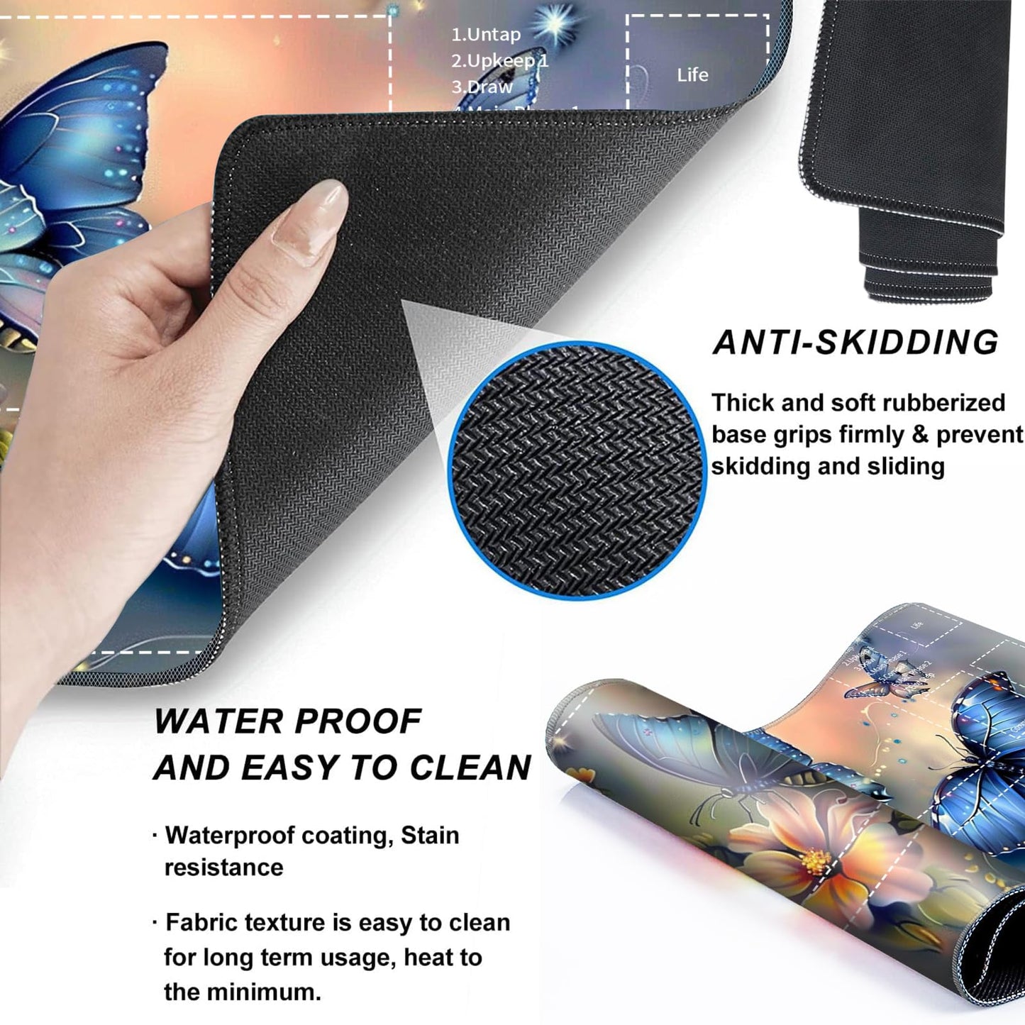for MTG Card Playmat with Zone Game Play Mat for MTG TCG 24 x 14 inches Non-Slip Play Mat for Commander Board RPG CCG Game TCG Other Card Games/Mouse Pad-Blue Butterfly