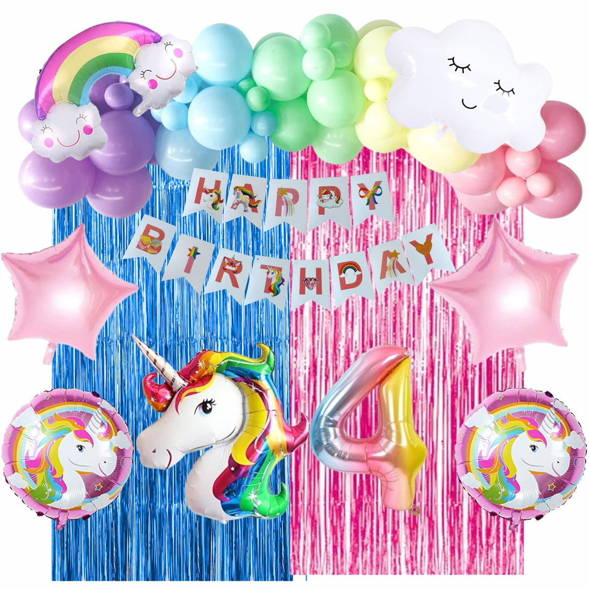 FI  FLICK IN 73 Pcs 4th Happy Birthday Decoration Kit For Girls Unicorn Theme Birthday Decorations kit rainbow Unicorn balloon(