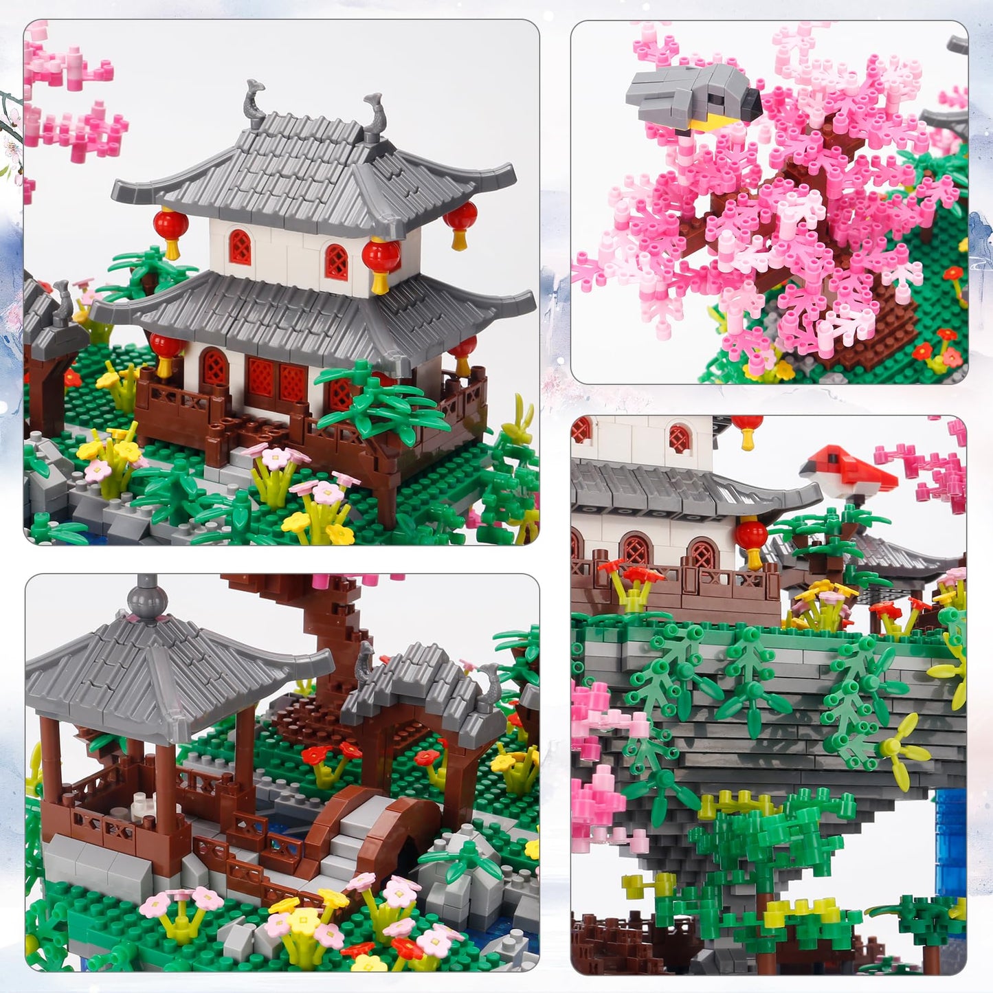 Samyblocks 3600Pcs Micro Mini Blocks Peach Blossom Pond Bonsai Tree Kit,Traditional Architecture Building Blocks,Exquisite Cherr